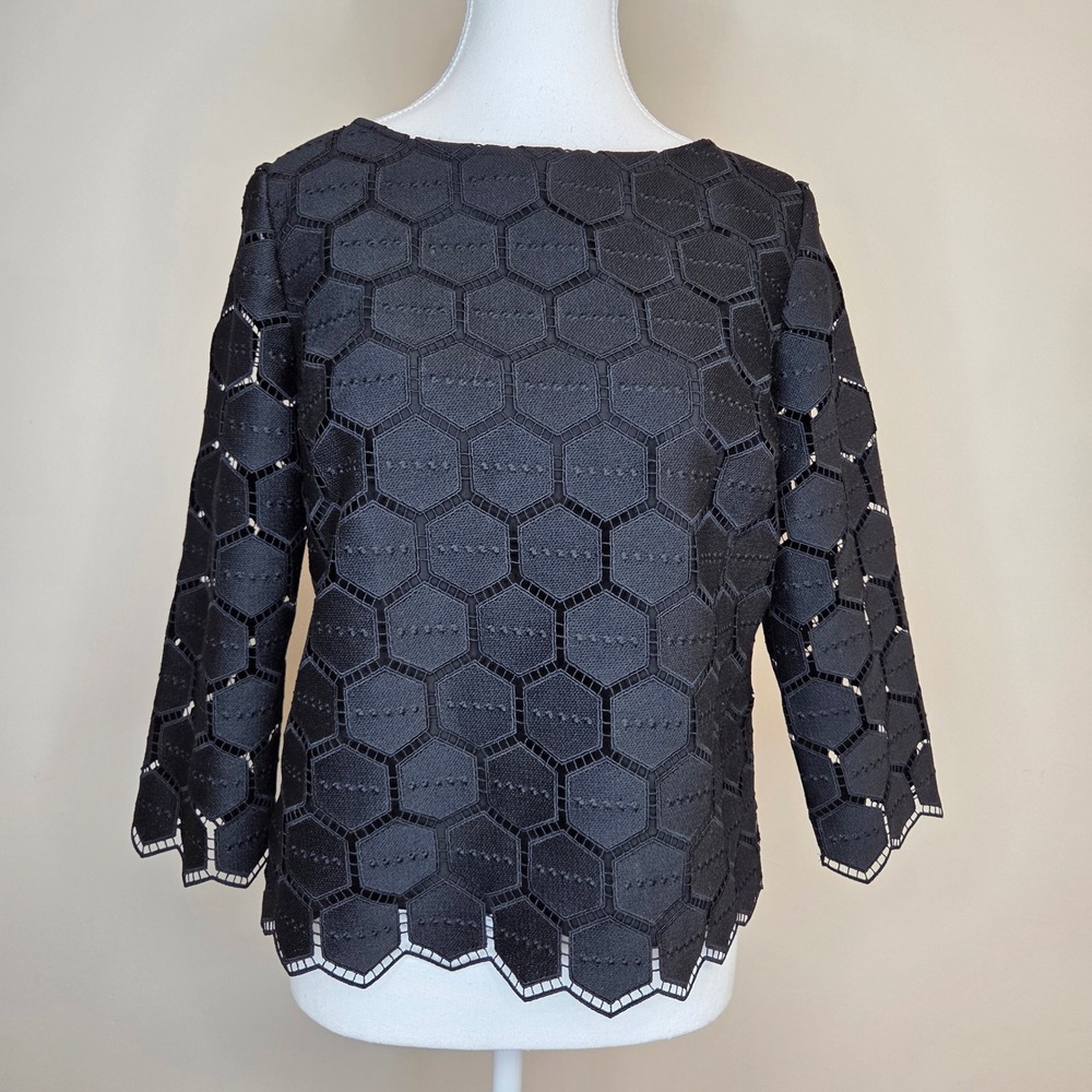 RSVP by Talbots Black Honeycomb Eyelet Lace Blouse Scalloped 3/4 Sleeve SP